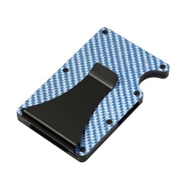 Imagem de Carteira masculina Leatherboss com bloqueio de RFID, minimalista, com clipe para dinheiro, cartões de crédito e dinheiro, Carbono azul, Carteira de metal