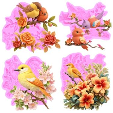 Imagem de MIYAHOUSE Molde de fondant de pássaro para decoração de bolos, topo de cupcake, pasta de goma de chocolate, argila de polímero, conjunto de 4