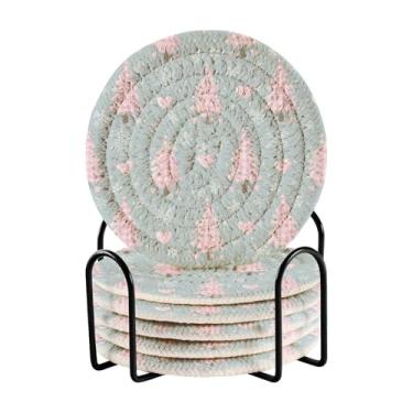 Imagem de Blueangle Porta-copos de árvore de Natal rosa de 6 peças - tecido redondo super absorvente para proteção de mesa e decoração de casa (246)
