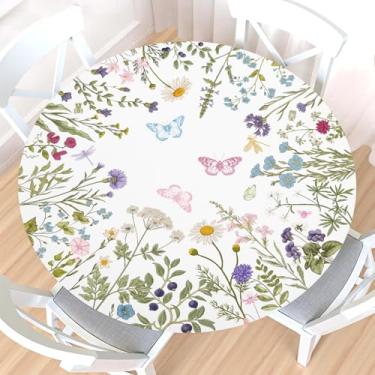 Imagem de Toalha de mesa redonda floral primavera verão com borda elástica, resistente à água, limpável, flores verdes, folha, borboleta, capa de mesa para mesa elástica de 101,6 a 112 cm para jantares internos