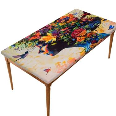 Imagem de Toalha de mesa retangular de 1,8 m, elástica, feminina, flor, pássaro, colorido, toalha de mesa elástica, capa de mesa retangular, impermeável, lavável, protetor de mesa para piquenique, jantar