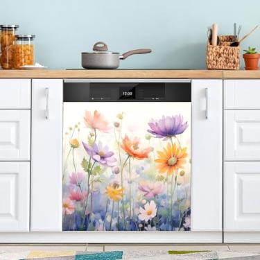 Imagem de ATTX Capa magnética para lava-louças flores aquarela, 58,4 cm C x 66 cm A decoração da capa da máquina de lavar louça, decalques de armário doméstico eletrodomésticos adesivos #116