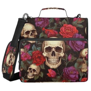 Imagem de SEHANY Fichário com zíper de caveira e flor com alça de ombro, capacidade para 500 folhas, vários bolsos, fichário com 3 anéis e zíper de 3 anéis