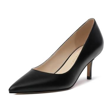 Imagem de JUSTVINDO Sapatilhas femininas, bico fino fechado preto dourado salto gatinho para mulheres, confortável 5 cm salto médio sapato social feminino, Preto fosco, 36