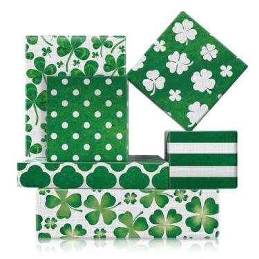 Imagem de Papel de embrulho de Dia de São Patrício – 6 folhas dobradas, papel de embrulho de trevo em aquarela, trevo verde, xadrez, bolinhas para presente para decoração de festa de chá de bebê, 50 x 68 cm