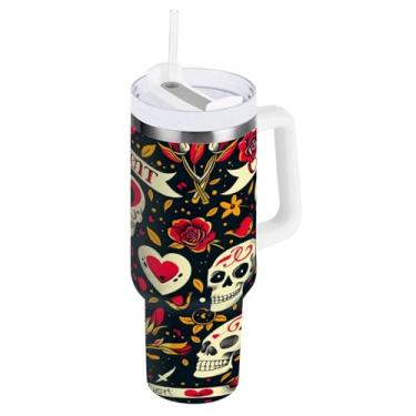 Imagem de Kigai Copo de caveira rosa de 850 g com tampa e canudo, copo isolado de aço inoxidável durável à prova de vazamento com alça, garrafas de água à prova de derramamento para viagens