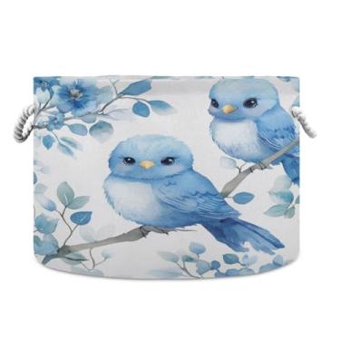 Imagem de WELLDAY Cesta de corda de algodão Blue Birds Cesta de lavanderia de bebê para sala de estar, lavanderia, berçário, travesseiros, decoração de casa