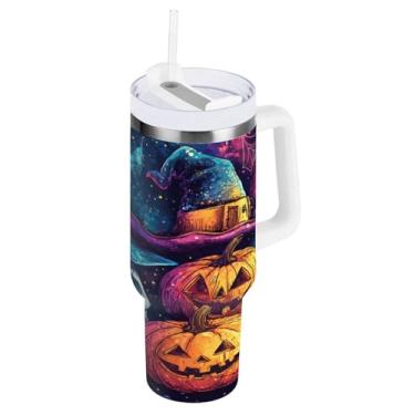 Imagem de STAYTOP Copo com tampa e canudo, caveiras e chapéus de bruxa de 850 g, à prova de vazamento, durável, à prova de vazamento, com alça, garrafas de água à prova de derramamento para viagens