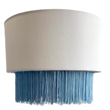 Imagem de Tristan Home Abajur de tambor de veludo premium com franja (branco creme e azul claro (pequeno))