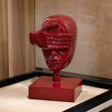 Imagem de Escultura Máscara Rosto Cego Em Cerâmica Vermelho Ocre 25cm B02 - D'Ro