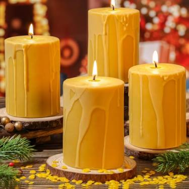 Imagem de 4 velas de pilar de cera de abelha natural de 7,6 cm x 10 cm