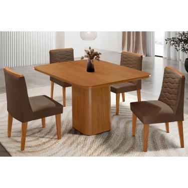 Imagem de Sala Jantar Mesa Maldivas Tampo Curvo 90cm+4 Cadeiras Maldivas Madeira Naturale - Capuccino/Suede Marrom - Rufato