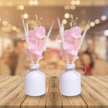 Imagem de Kit 2 Arranjos Com Vasos De Gesso Planta Artificial Decorativa(Flor rosa/trigo)