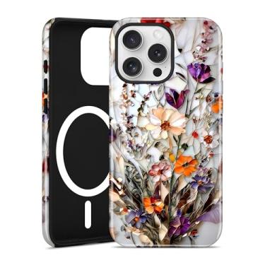 Imagem de Jusy Compatível com MagSafe Flower Case para iPhone 16 Pro Max, capa de telefone magnética floral de vitral estético, TPU macio e capa protetora de policarbonato rígido para mulheres e meninas