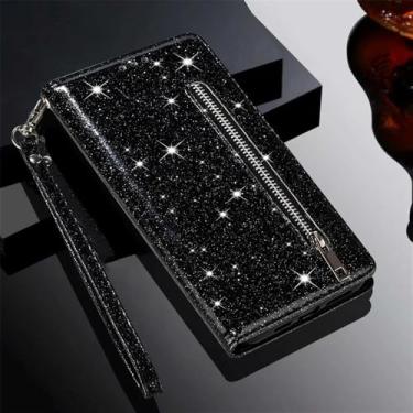 Imagem de Capa de couro com zíper, glitter e compartimento para cartões, para Xiaomi 14T Redmi 15C 14C 13C 12C Note 14 Pro+ 14S 13 12 11 10 Pro, preta, para Redmi Note 11 (11S)