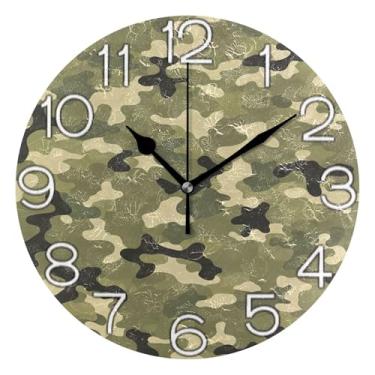 Imagem de Relógio de parede analógico decorativo para sala de aula, relógio de escritório, operado por bateria, retrô moderno art déco decoração de parede camuflagem clássica, verde-oliva, 25 cm, ponteiros