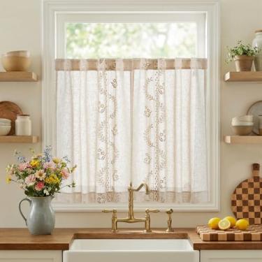 Imagem de jinchan Belrose Linen, cortinas florais de cozinha, 91,4 cm de comprimento, bordadas, fazenda, café, para sala de estar, banheiro, conjunto de cortinas de janelas pequenas, filtro de luz transparente