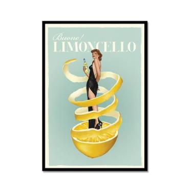 Imagem de Impressões em tela engraçadas italianas de comida e bebida – Pôster retrô de mulher em vidro com Limoncello Spaghetti Vino Pasta Cozinha Bar Decoração de parede (SKU1,30,5 x 45,7 cm = (30 x 45 cm