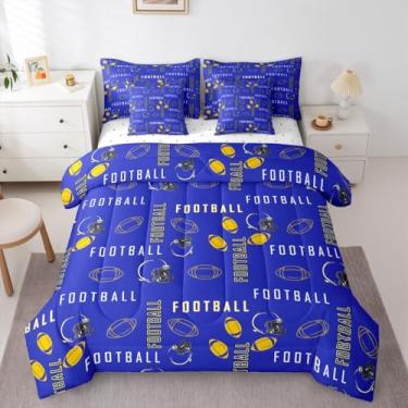 Imagem de jejeloiu Jogo de edredom de futebol americano com lençol de casal Los Angeles para decoração de quarto de meninos e meninas adolescentes com 7 peças, azul, amarelo, respirável, macio