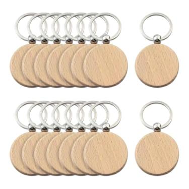 Imagem de 25 peças de chaveiros redondos de madeira natural círculo chaveiro de madeira em branco pequenas etiquetas de chave de gravura em branco anéis de chave entalhados ornamentos DIY chaveiros artesanais