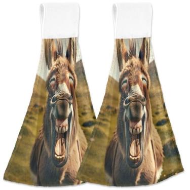 Imagem de TSENQUE Toalhas de mão personalizadas engraçadas de cozinha rindo burro com laço para pendurar conjunto de toalhas de gravata de forno de 2 toalhas decorativas de cozinha fofas absorventes macias, 46