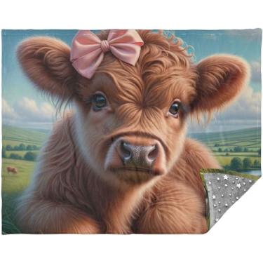 Imagem de Cobertor macio personalizado de vaca Highland bezerro macio para sofá 177,8 cm x 139,7 cm sherpa cobertores aconchegantes para mulheres presente floral rosa cobertor