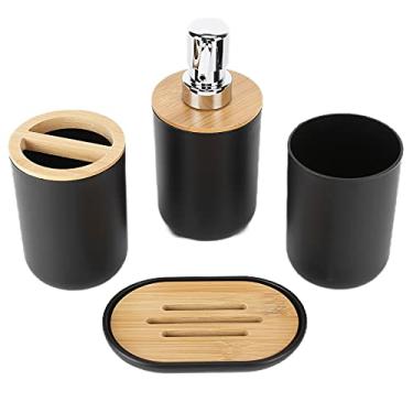 Imagem de GLOGLOW Conjunto de Recipientes de Banheiro Conjunto de Acessórios de Banheiro de 4 Peças, Material de Bambu e Plástico, Inclui Suporte para Escova de Dentes, Saboneteira, Dispensador de Loção, Copo