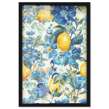 Imagem de Lemon Mosaic I Shadowbox Print Blue Floral Wall Art por Art Remedy, moldura preta, 53 x 78 cm