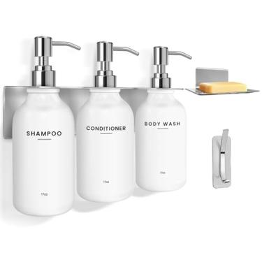 Imagem de KLL Conjunto de dispensador de xampu e condicionador – Dispensador de sabão de chuveiro montado na parede – Sem broca 502 ml Conjunto de 3 frascos de plástico para bomba e suporte de sabão