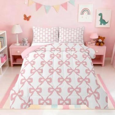 Imagem de Feelyou Conjunto de edredom com laço, solteiro, estilo princesa sonhadora, para meninos, meninas, adolescentes, gravata borboleta, nó de príncipes, conjunto de edredom fofo, conjunto de edredom branco