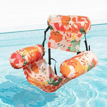 Imagem de Cadeira Flutuante Inflável para Adultos, Tecido Suave + Encosto Ajustável, Ideal para Praia, Lago, Rio e Festas na Piscina, Design de Folhagens Tropicais.