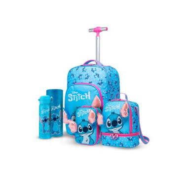Imagem de Kit Mochila Rodinha Disney Lancheira Estojo Garrafa Escolar Stitch Inf