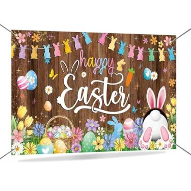 Imagem de Mocsicka Banner primavera feliz Páscoa pano de fundo rústico parede coelho coelho foto banner colorido caça ovos decorações festa de Páscoa fundo adereços para cabine de fotos 70,8 x 43,3 polegadas