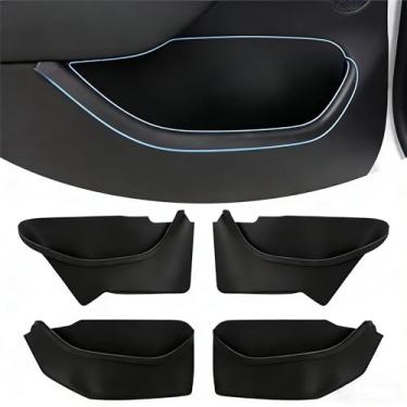 Imagem de 4 peças de organizador de armazenamento lateral de porta, compatível com Tesla Model Y Juniper 2025 2026 TPE forros de bolso para porta frontal e traseira, organizador de bandeja para modelo