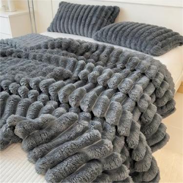 Imagem de Cobertor de lã para sofá cama decoração de casa, cobertor aconchegante de flanela de pelúcia macio com listras decorativas para adultos, mulheres e meninas (cinza escuro, Queen (203 x 228 cm)