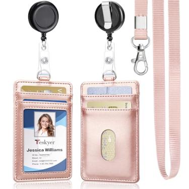 Imagem de Teskyer Porta-crachá de couro PU com cordão e 1 carretel retrátil, 4 compartimentos atualizados para cartões de identificação para funcionários da escola de escritório, crachás de identificação - ouro