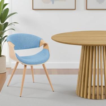 Imagem de Armen Living Cadeira de jantar borboleta de meados do século com assento estofado de tecido azul claro e acabamento de carvalho