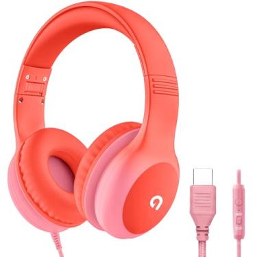 Imagem de ADOOPE Fones de ouvido infantis com fio com plugue USB C, proteção auditiva segura para limitar volume de 85/94 dB, faixa de cabeça ajustável, fones de ouvido sem emaranhamento para escola, tablet