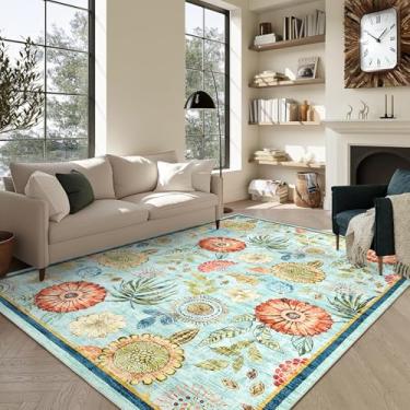 Imagem de GarveeHome Tapete floral lavável de 20 x 25 cm: tapete grande para sala de estar com suporte antiderrapante lavável ultra macio tapete floral para quarto interior tapete resistente a manchas para sala