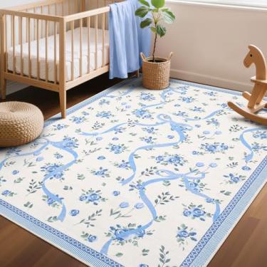 Imagem de GarveeHome Tapetes florais para quarto de meninas, 10 x 15 cm para sala de estar com pelo baixo macio, tapete de área lavável azul para berçário, dormitório infantil, sala de jogos