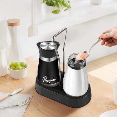 Imagem de Conjunto de saleiro e pimenteiro, aço inoxidável com garrafa de vidro para mesa, trailer, acampamento, churrasco, conjunto de 2, preto e branco