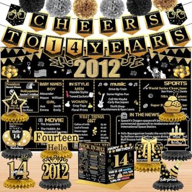 Imagem de Decorações de aniversário de 14 anos para menino, 18 peças de decoração de banner em ouro preto em 2012, pano de fundo de aniversário, faixa de 14 anos para filha e filho, cartão de aniversário, 6