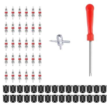 Imagem de Kit de ferramentas de remoção de haste de válvula de pneu, 60 núcleos de válvula com ferramenta de válvula de 4 vias e removedor de núcleo de válvula para reparo de carro, motocicleta, bicicleta e ar