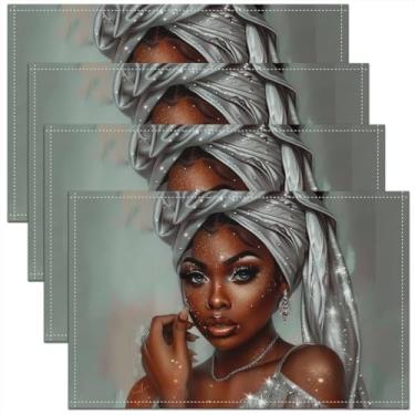Imagem de Jogo americano de mulher negra, conjunto de 4 tapetes de mesa femininos africanos, tapetes de beleza com glitter prateado para festa, cozinha, decoração de jantar interna e externa, moda moderna, jogo