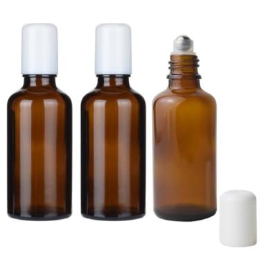 Imagem de 3PCS 50ml Empty Refillabl Amber Glass Roller Bottle With Stainless Steel Balls And White Screw Cover For Essential Oil Lip Balms Perfume