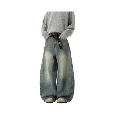 Imagem de Calças Jeans Baggy De Perna Larga Azul Para Homens, Corte Vintage 3D, 