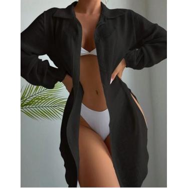 Imagem de AmareloVestido Chemise Feminino Camisão Botões Manga Longa Elegante Sa