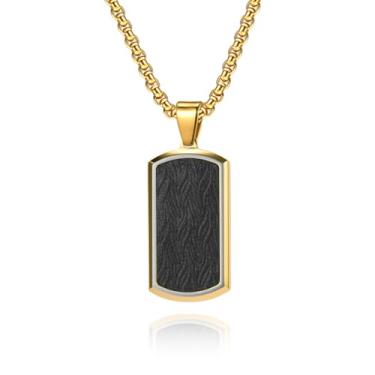 Imagem de Qing Birdee Colar masculino com pingente de etiqueta de cachorro de aço inoxidável com incrustação de couro legítimo, corrente de 15 x 30 mm, 60 cm, opções de ouro e preto, Large, Aço inoxidável, Sem