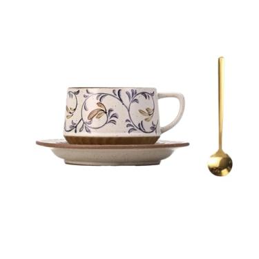 Imagem de Canecas de café Conjunto de xícaras café/chá vintage cerâmica com pires e colher padrão vegetal 300ml
