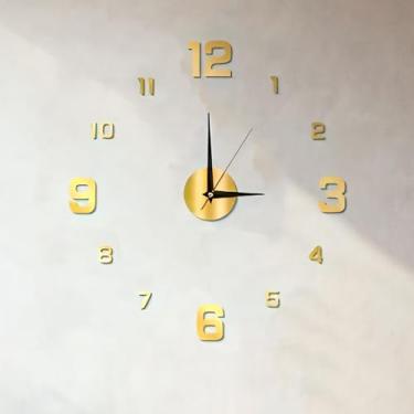 Imagem de Relógio de parede DIY sem moldura preto 3D mudo forma redonda quartzo adesivo DIY decoração de parede para casa, sala de estar, quarto, escritório, sala de aula, ouro